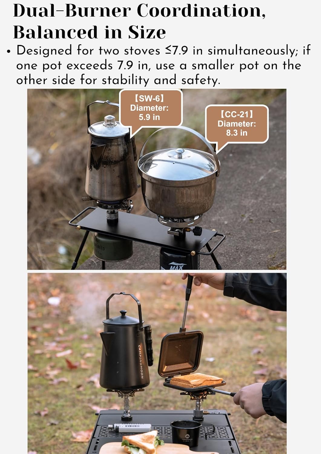 CAMPINGMOON Dual Burner Camping Cooktop Half Size IGT Top Detachable Legs Compact Table Removable Handles Non Slip Feet Outdoor Backpacking Stove Accessory BKZ06-L