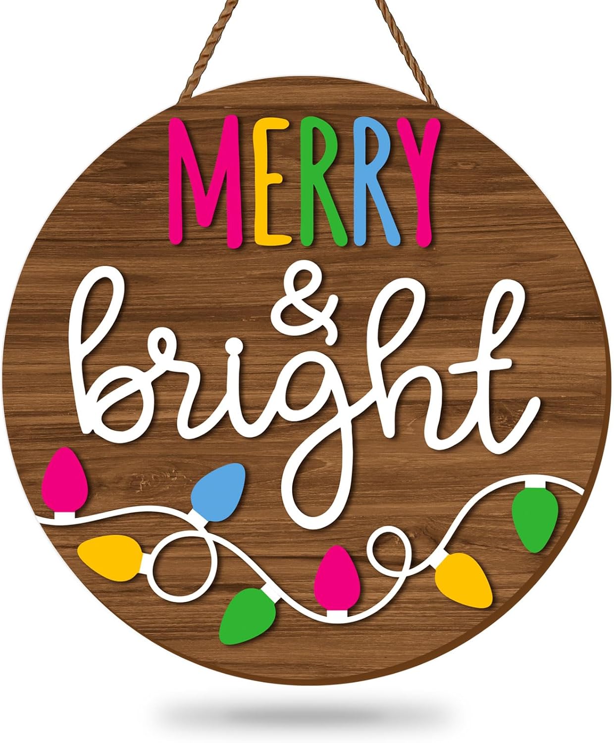 JarThenaAMCS Merry and Bright Christmas Welcome Sign Wooden Wreath Door Hanger Colorful Xmas String Lights Farmhouse Style Decor for Holiday Party Indoor Outdoor Porch Wall Front Door Decor