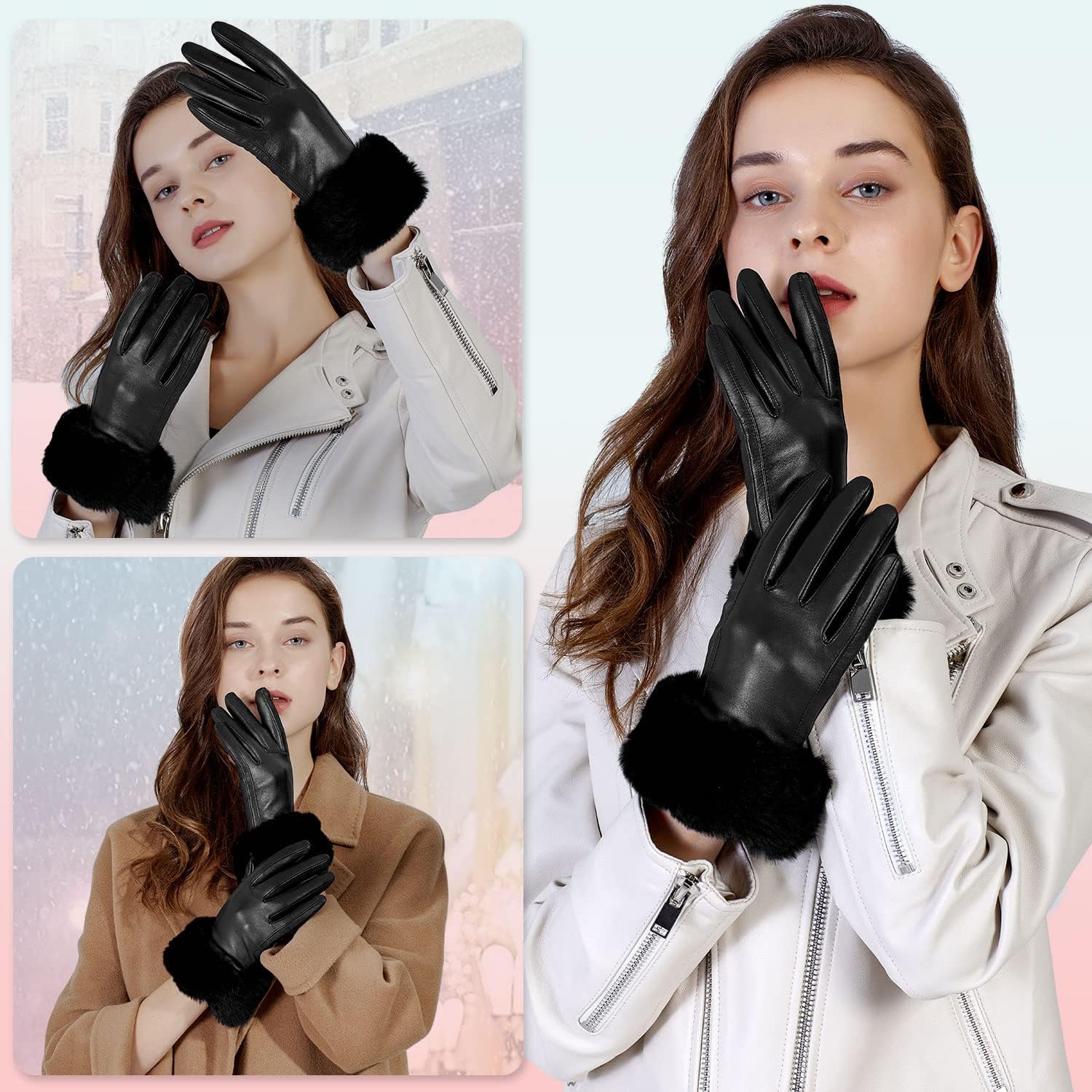 GSG Women Leather Gloves Rabbit Fur Cuff Touchscreen Warm Winter Driving Gloves Lady Multicolor - Image 4