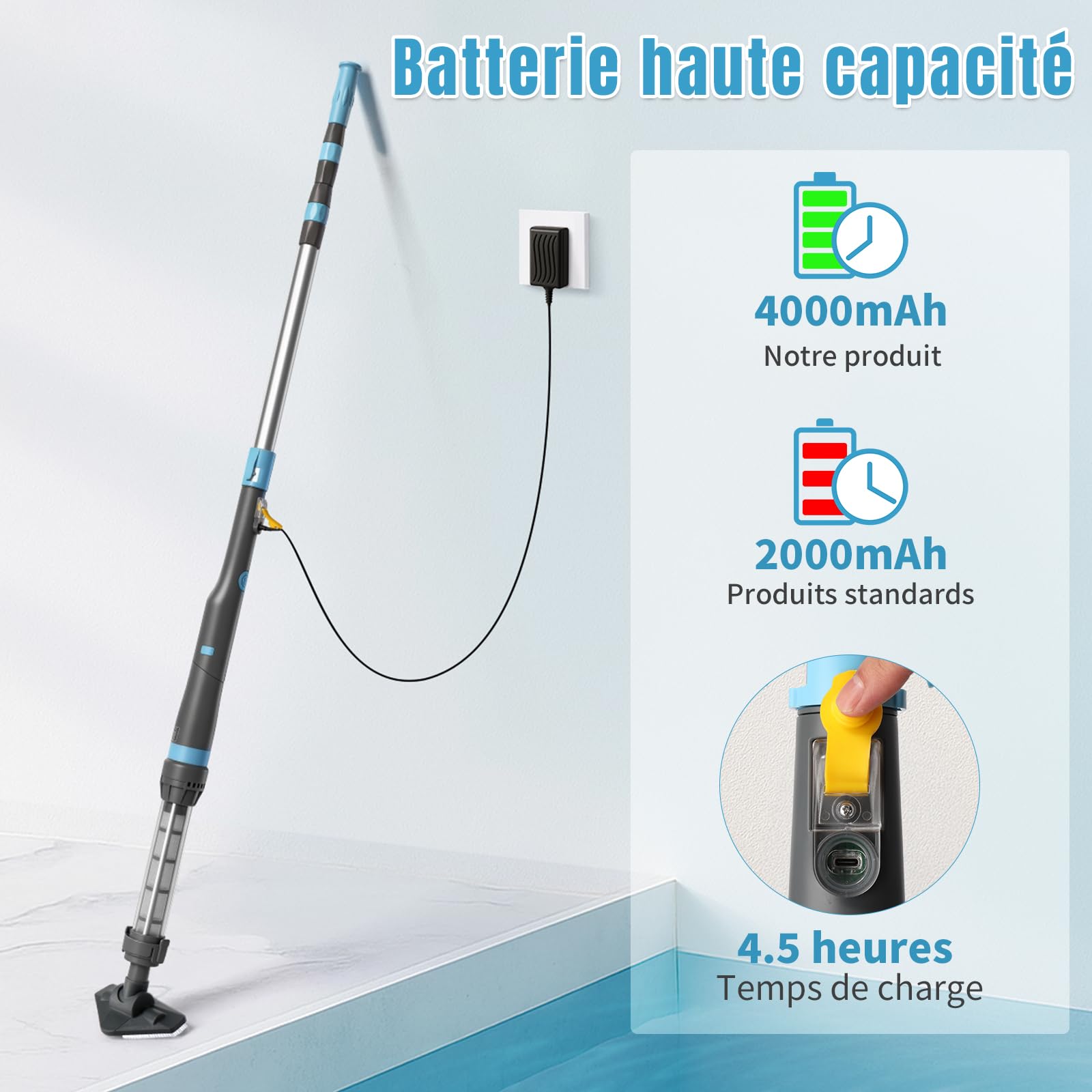 LEADZM Aspirateur Piscine Batterie sans Fil 4000mAh, Aspirateur Piscine Hors Sol pour Spa, 60 Min Autonomie, 260x18x9,5 cm (Bleu)