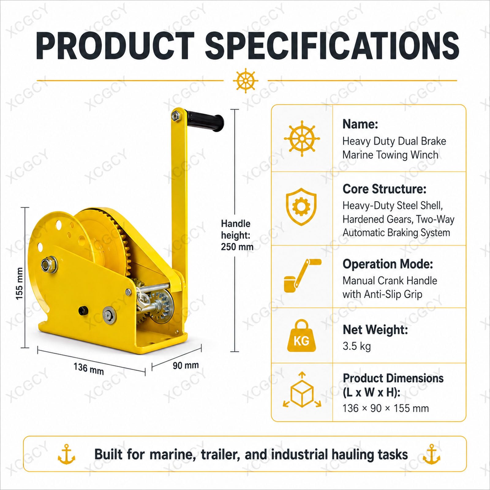 Salpa Ancora Manuale a 2 Vie con Bloccaggio Automatico E Freno Automatico, in Acciaio Inox, Doppia Frenatura, Struttura Antiscivolo per Barche Camion Auto