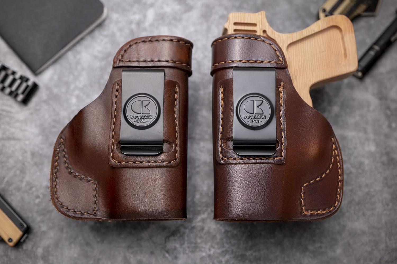 OUTBAGS USA LS2G19 (Brown-Left) Full Grain Heavy Leather IWB Conceal Carry Gun Holster for Glock 19 G19 9mm / Glock 23 G23 .40 / Glock 32 G32 .357 / Glock 38 G38 .45GAP. Handcrafted in USA.