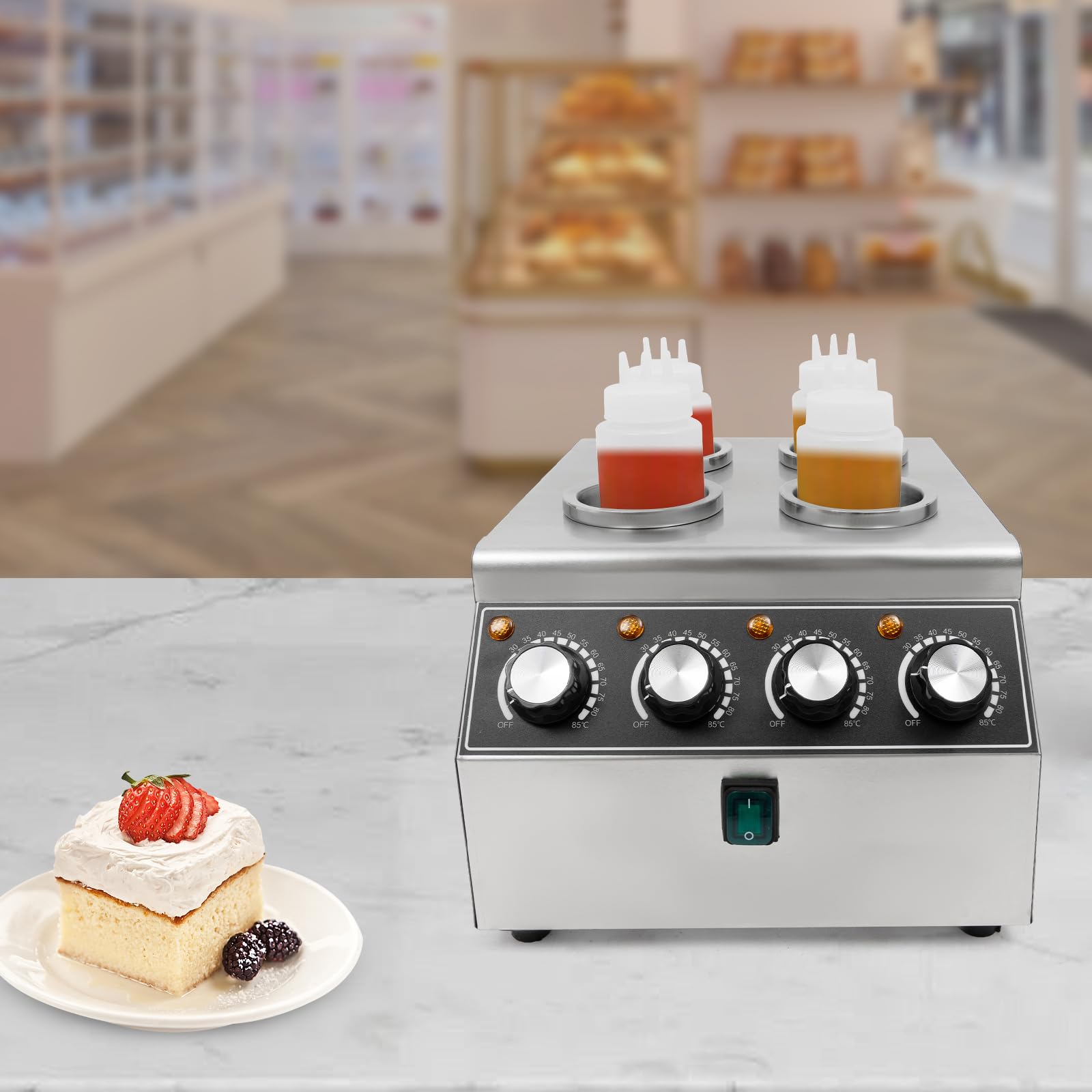 Calentador de salsas eléctrico de acero inoxidable, dispensador con 4 botellas de expresión, 800 W, para buffet y gastronomía, dispositivo de mesa con regulación de temperatura para ketchup