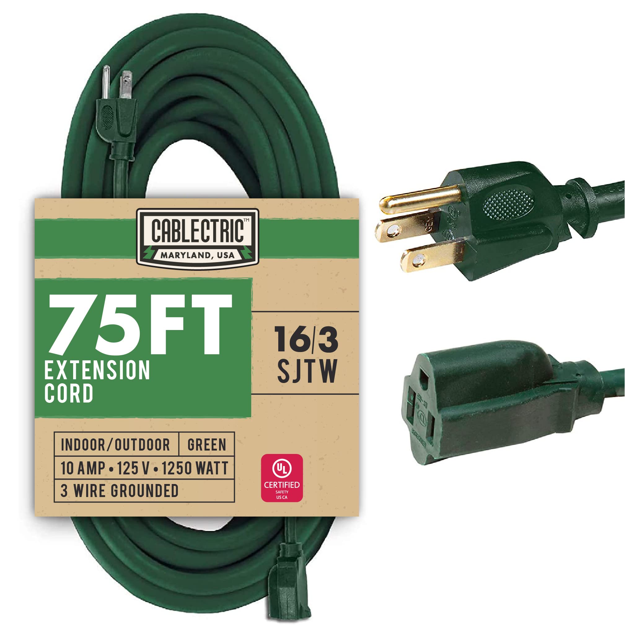 75 ft Outdoor Extension Cord 3 Prong, 16/3 SJTW Weatherproof Green Extension Cord 75ft, Heavy Duty Long Exterior Power Cable for Outside, Landscaping & Outdoor Lights
