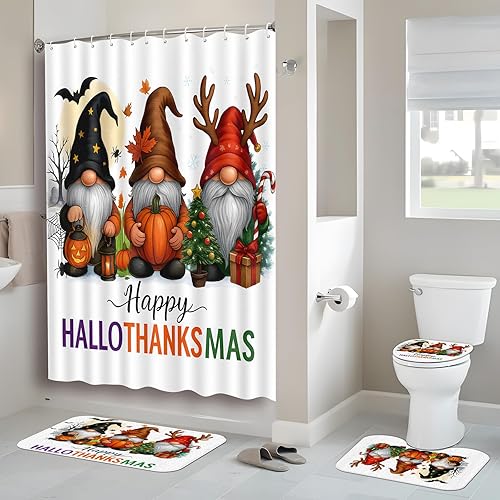 Miniatura 5 de Juego de 4 cortinas de ducha de Halloween, diseño de gnomo, Halloween, Halloween, otoño, Acción de Gracias, Navidad, alfombras antideslizantes para