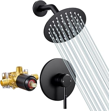 Black Shower Head, Shower Faucet Set with Pressure Balance Valve, SUS304 Stainless Steel Rainfall Shower System Wall Mount Shower Valve and Trim Kit