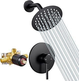 Black Shower Head, Shower Faucet Set with Pressure Balance Valve, SUS304 Stainless Steel Rainfall Shower System Wall Mount Shower Valve and Trim Kit