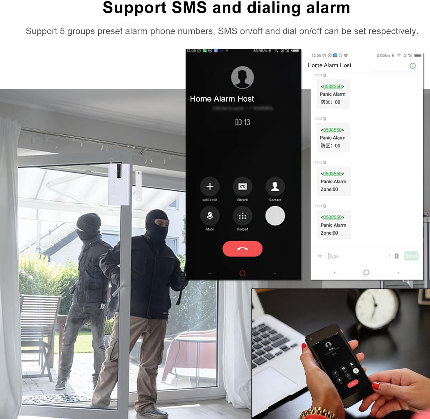Smartphone displaying the Splenssy alarm system's mobile application interface.