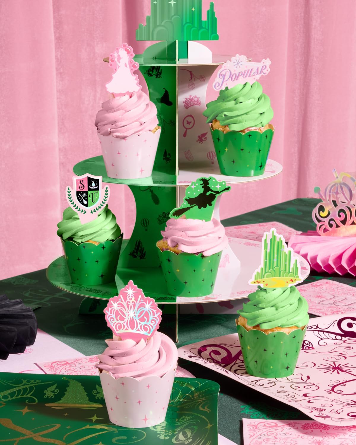 xo, Fetti Pink + Green Witch Cupcake Toppers + Wrappers - Set of 24 | Kids Cake Decoration, Popular Party Decor, Unlimited Wizard Supplies, Dessert Accessory