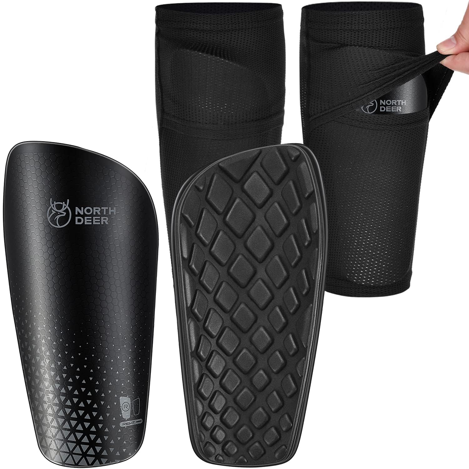 Northdeer Kids Football Shin Guards incl. Sleeves with Optimized Insert Pocket - Protective Shin Pads for Boys,Girls,Adults (Black L)