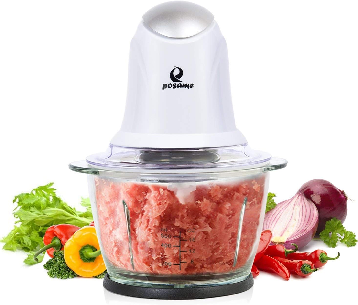 POSAME Mini Food Processor Meat Grinder Chopper Electric,Small Kitchen Food Chopper for Meat Vegetable Fruit Cutter Onion Slicer Dicer, with 4-Cup Glass Bowl-White