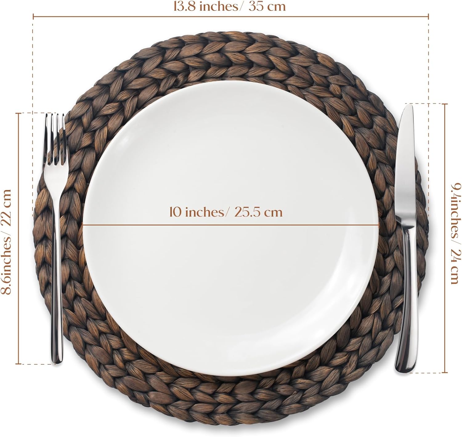 6 Pack, Round Woven Placemats, Natural Water Hyacinth Wicker Place mats, Braided Straw Table Mats for Dining Table, Fall, Halloween, Thanksgiving, Chrismats, Black (13.8 inch)