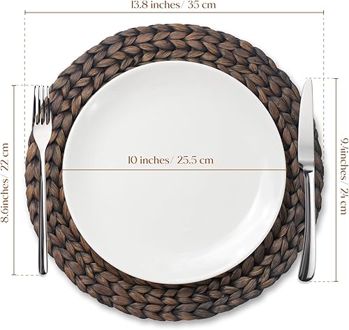 Miniatura 8 de Paquete de 6 manteles individuales redondos tejidos, manteles individuales de mimbre de jacinto de agua natural, manteles de paja trenzada para mesa