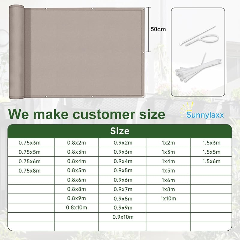 Sunnylaxx Erkélyvédő Takaró 90x200 cm - Vízlepergető PES Anyag, Taupe Színű Szélfogó Erkélyháló Alumínium Fűzőszemekkel, Terasz Kilátásvédő
