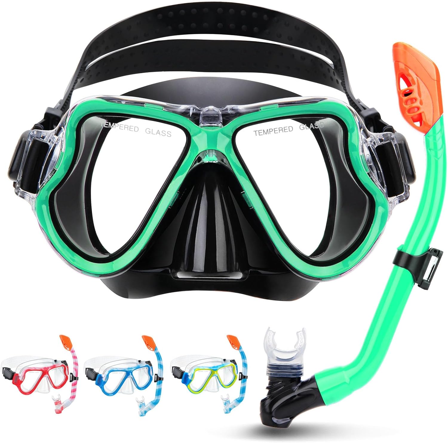 CTSAYTL Snorkeling Gear for Kids Ages 3-14, 4 in 1 Mask Fins Snorkel Set with Panoramic View Anti Fog Mask, Dry Top Snorkel, Trek Fins and Travel Bag, Kids Snorkel Set for Snorkeling Swimming