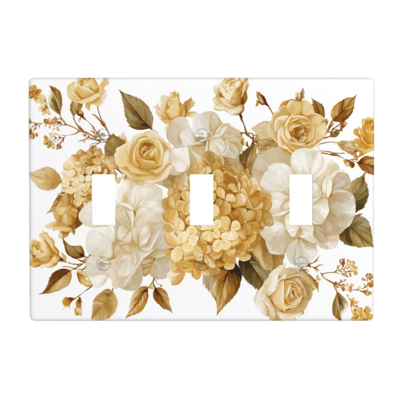 Woshuwo White Cream And Gold Hydrangeas And Roses Light Switch Covers 3 Gang Triple Toggle Wall Plate Switchplate Electrical Faceplate For Bathroom Kitchen Bedroom Decor