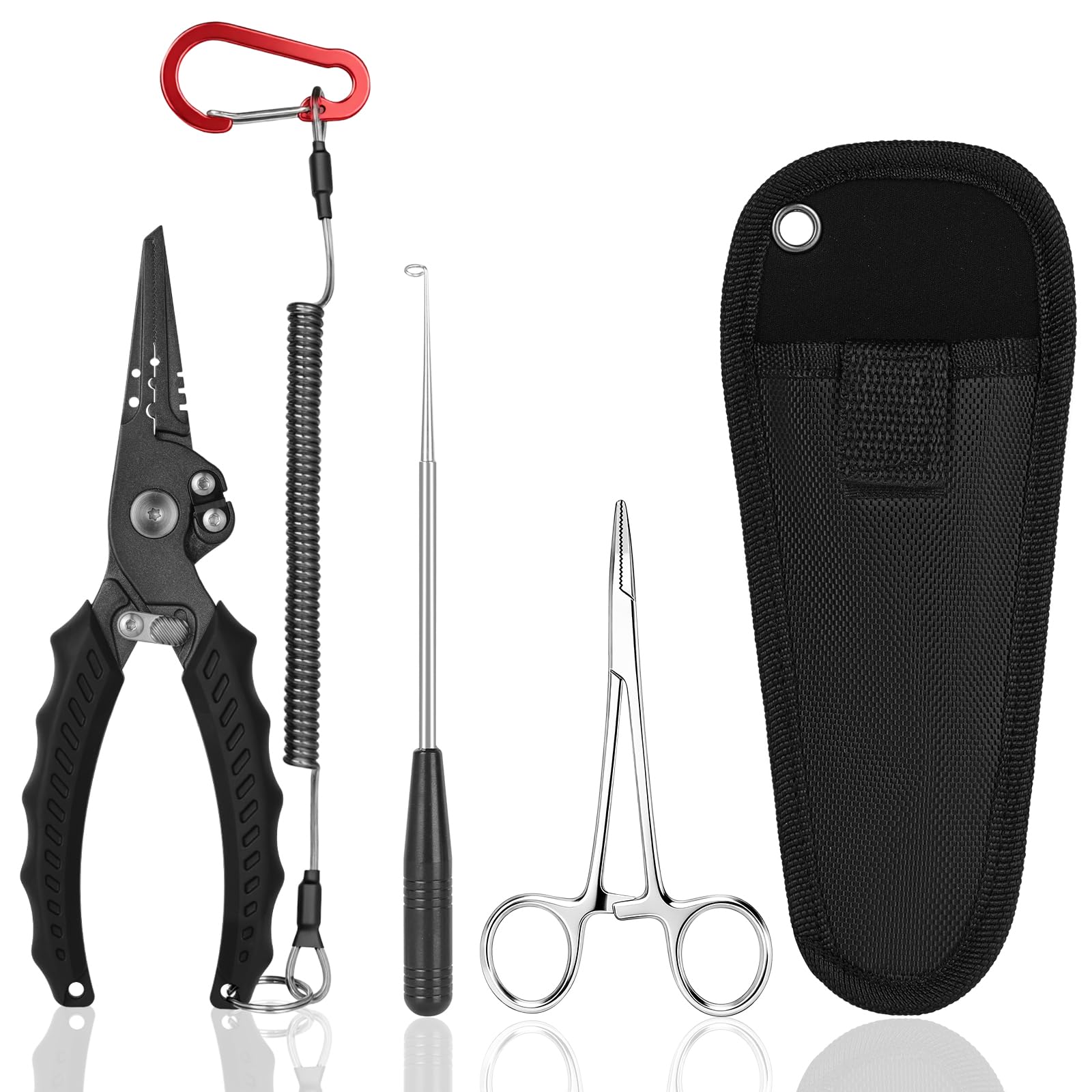 APXEL 5Pcs Portable Fishing Pliers Set with Lanyard Sheath, Fish Pliers with Safety Lock Design, TPR Handle, Stainless Steel Jaws, Curved Fishing Forceps, Disgorger Fishing, Fishing Gifts for Men