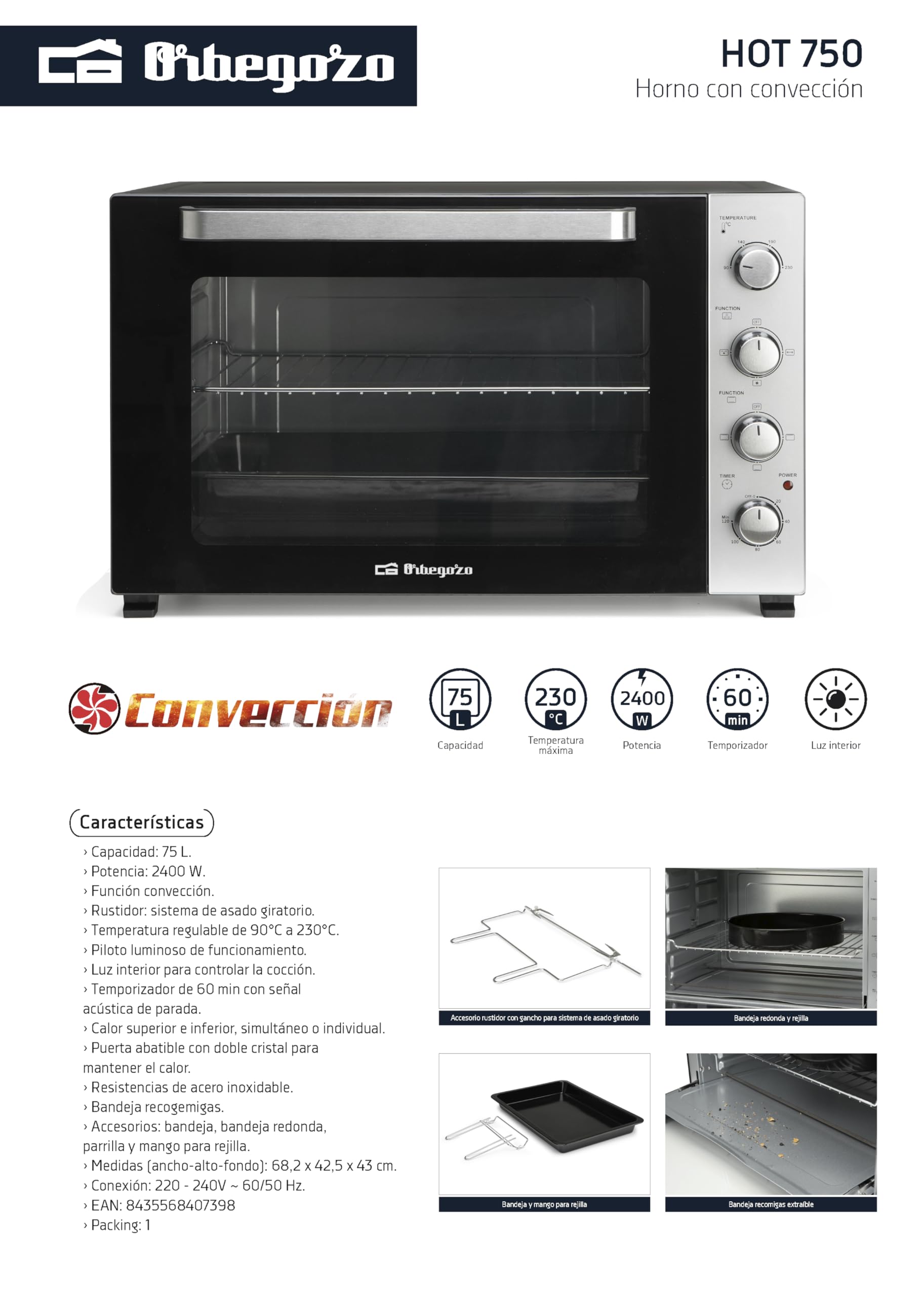 Horno de sobremesa Orbegozo HOT 750, 75 Litros, 2500 W, Dimensiones: 68,2 x 42,5 x 43 cm, Rustidor: sistema de asado giratorio.