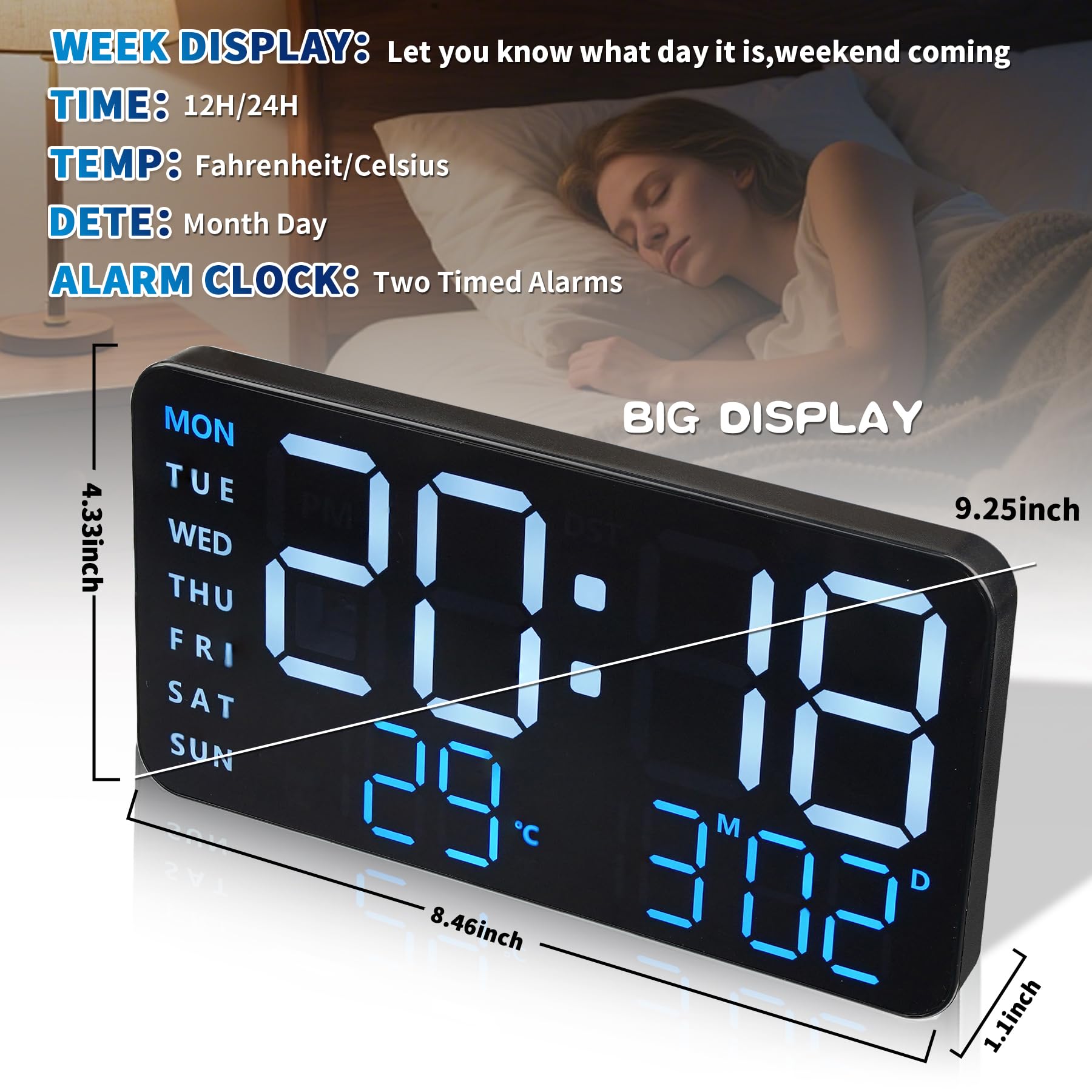 KCKJ Reloj despertador digital grande para dormitorio y hogar, con visualización de temperatura, fecha y día de la semana, brillo y volumen ajustables, doble uso para escritorio o montaje en pared
