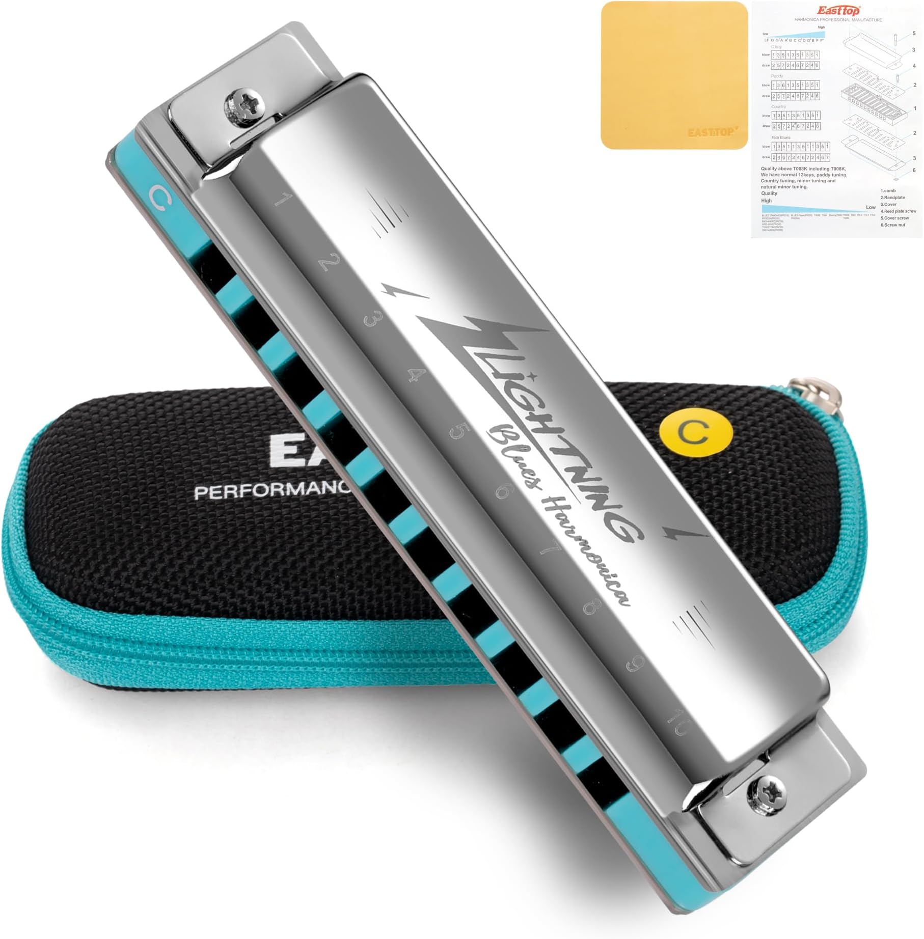 Lightning Harmonica, Advanced Diatonic Harmonica Key of C, 10 Holes Mouth Organ Harmonica with Silver Cover, Blues Harmonicas For Adults, Professionals and Students
