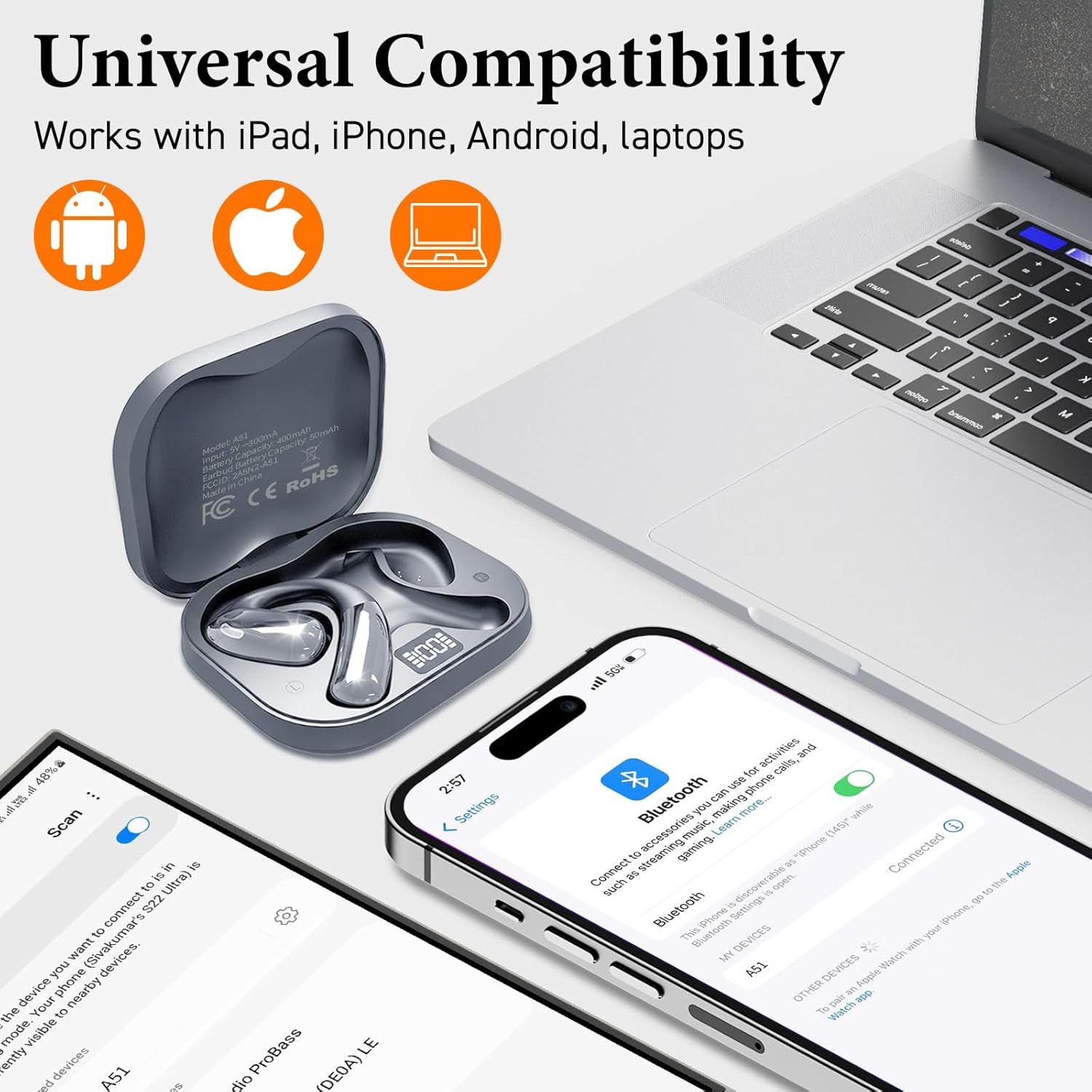 Open Ear Headphones, Wireless Headphones with Smart Digital Display & Mic, Open Ear Earbuds 35H Playtime, Sweat Resistant & Waterproof, Secure Comfortable Fit - Running, Sport, Driving, Daily (Gray)