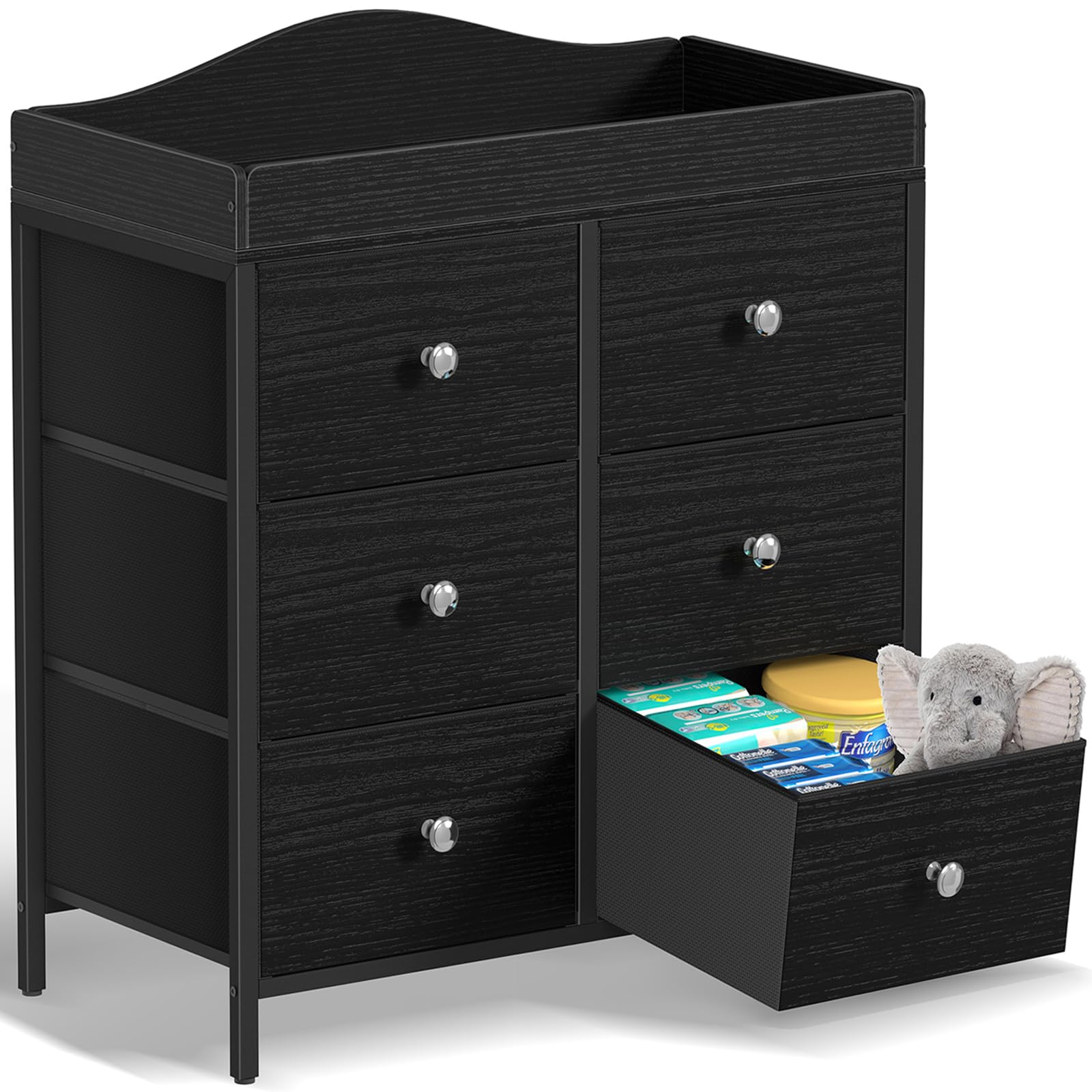 BOLUO Black Changing Table Dresser with 6 Fabric Drawers