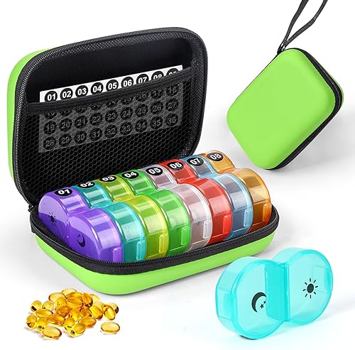Miniatura 8 de Pastillero semanal 2 veces al día, pastillero semanal AM PM con 8 bolsillos diarios, pastillero de viaje con estuche rígido portátil, caja de