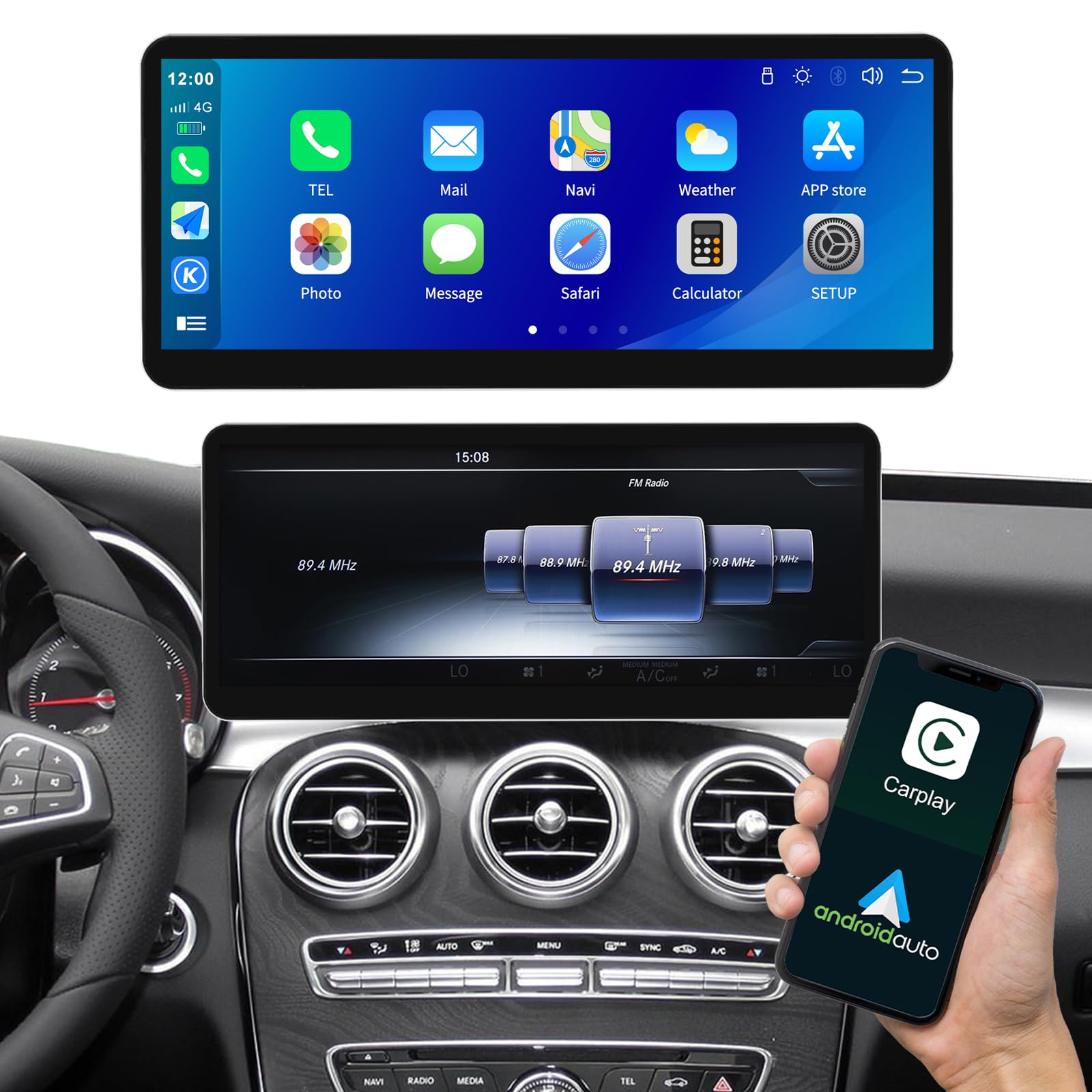Pantalla táctil inalámbrica Carplay/Android de 12,3" para Mercedes-Benz C GLC V Clase W205 W447 2015-2019 NTG5.0 Receptor de Audio Multimedia estéreo para Coche