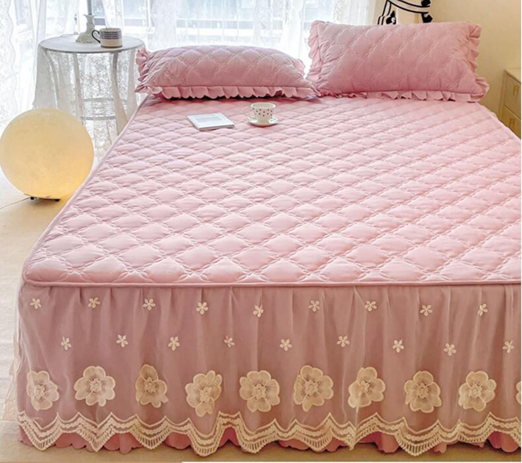 Drap Housse en Polyester Coton Élastique, Motif de Dentelle Brodée avec Couleur Unie, 150 x 200 CM, Rose Violet Clair