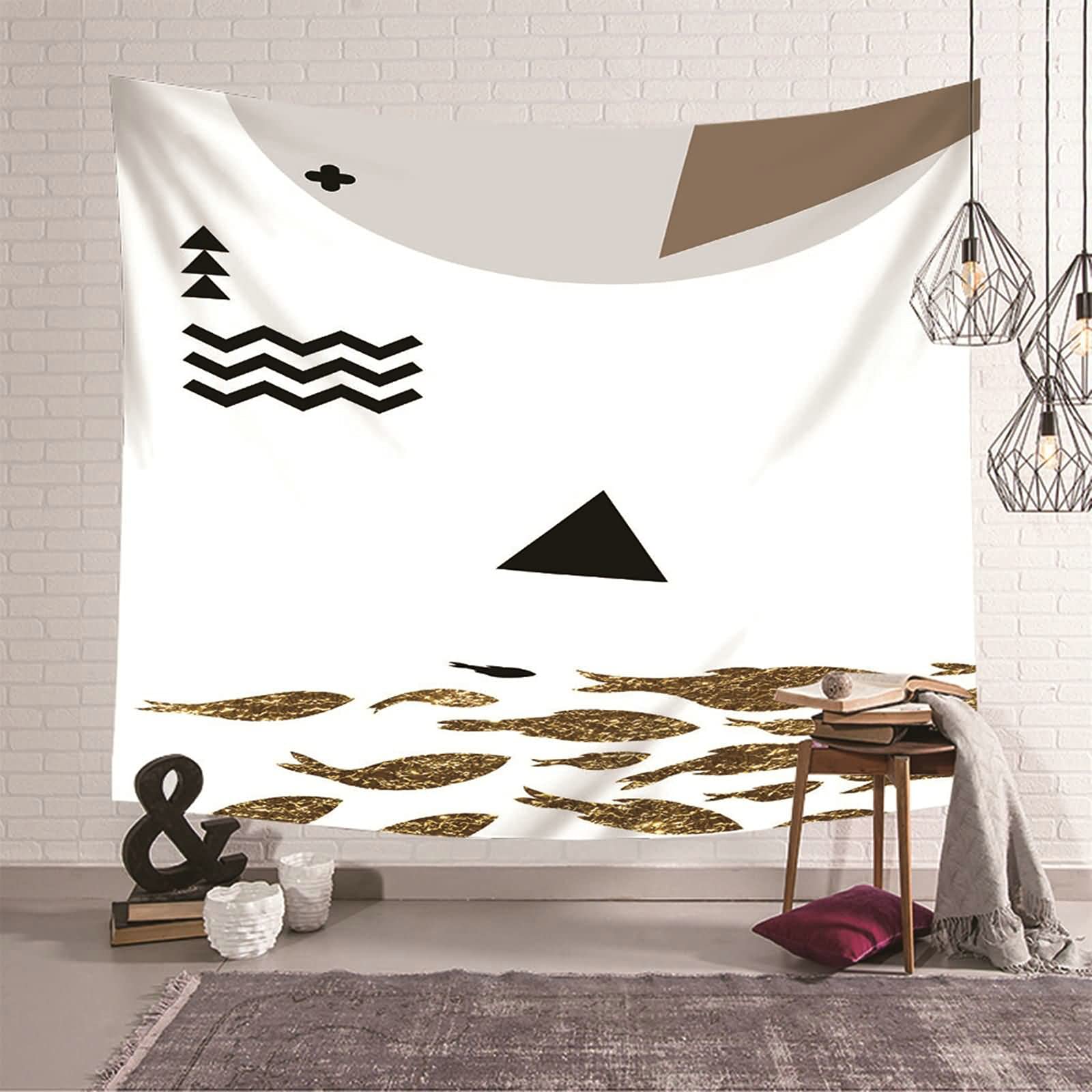 Tapiz de pared KnSam de poliéster geométrico y pez negro y dorado 150x130 cm