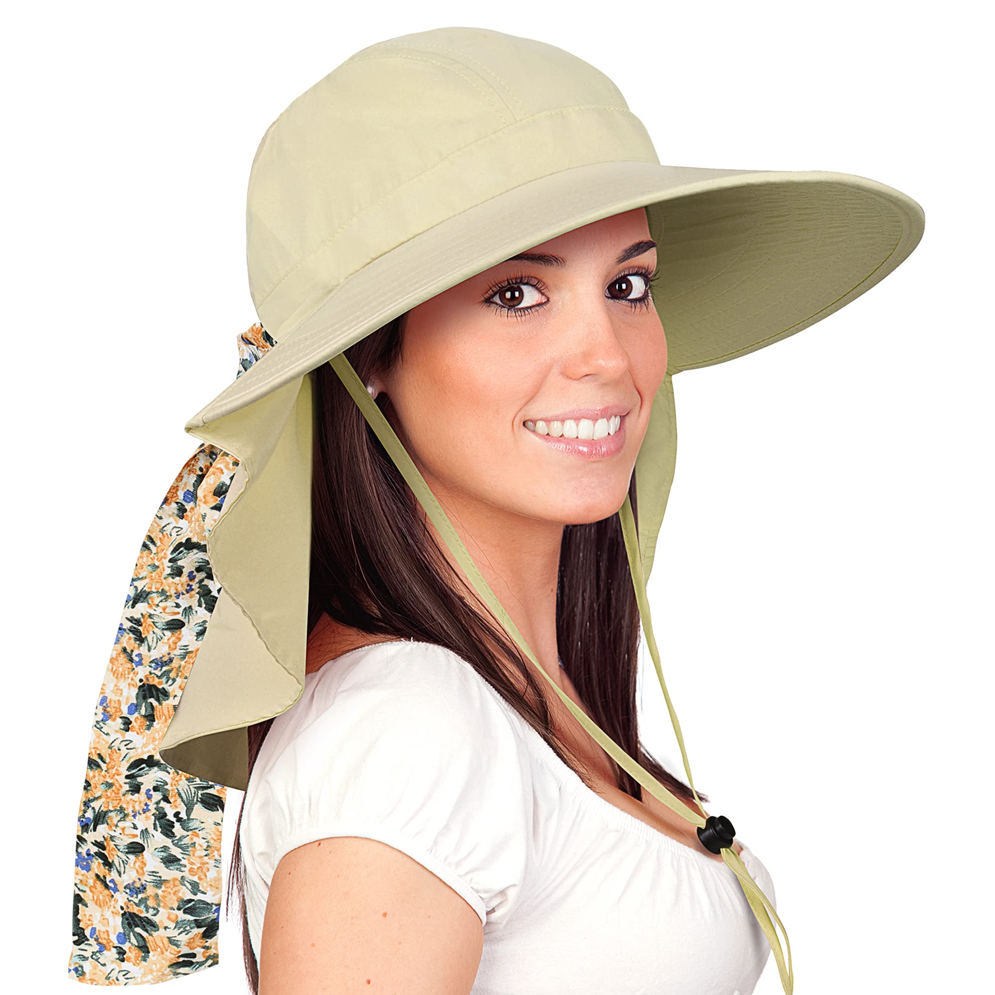Solaris UPF 50+ Wide Brim Sun Hat for Women - Small Size Packable Lightweight, Floral Scarf Cooling Hat with Neck Flap