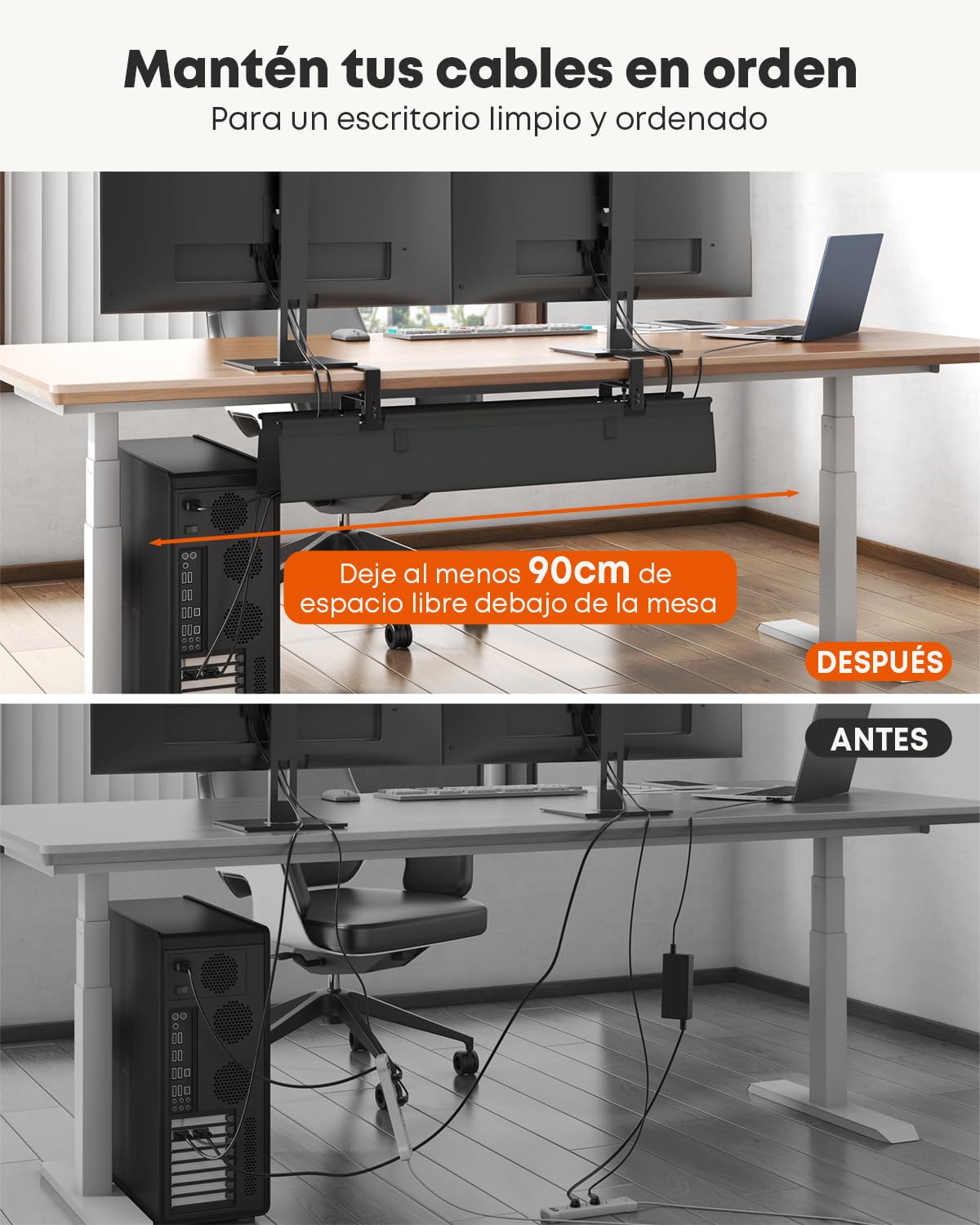 91cm Organizador Cables Escritorio Sin Taladro para Hogar y Oficina, Negro | Tela Estable, Fijación Pinzas/Tornillos, Acceso Fácil & Orden Individual, Adaptado Adaptadores & Cables Variados