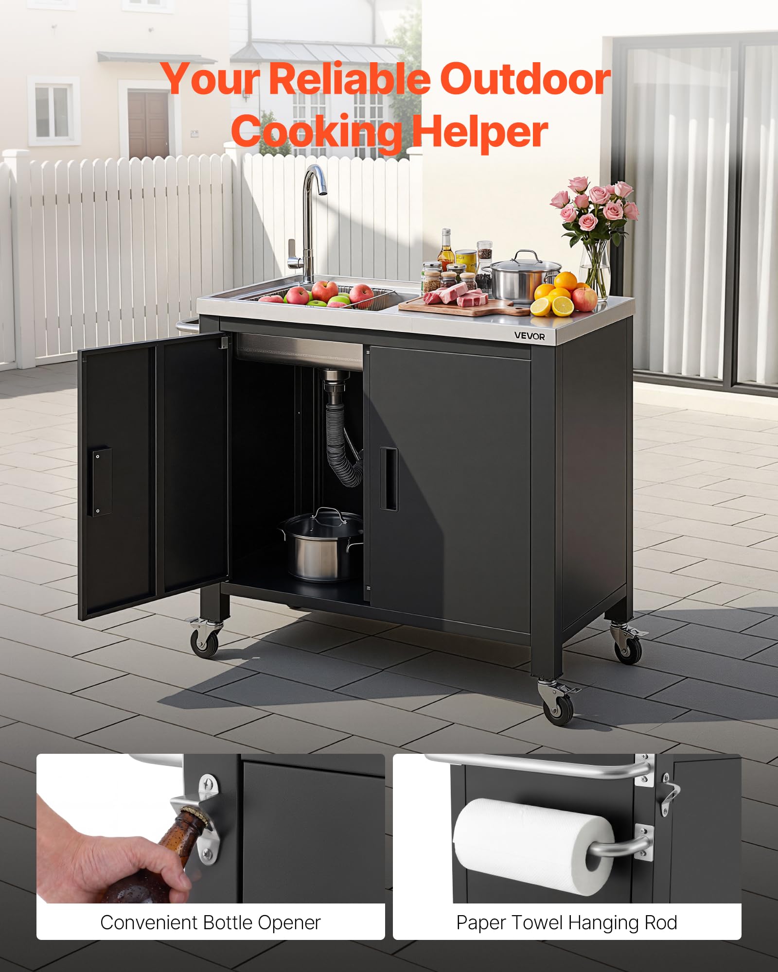 VEVOR Mesa de Barbacoa 965 x 460 x 909 mm Tablero de Acero Inoxidable, Carrito de Cocina con Fregadero, con Ruedas, con Armario de Almacenamiento, con Toallero, para Jardín, Bar, Zona de Barbacoa