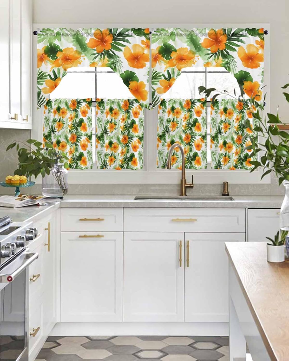 YOKOU Swag Curtain Valance, Hawaiian Hibiscus Flower Tropical Leaves Rod Pocket Window Curtain for Kitchen Bedroom Bathroom, 3 Pieces 24 Inch Long Summer Orange Green