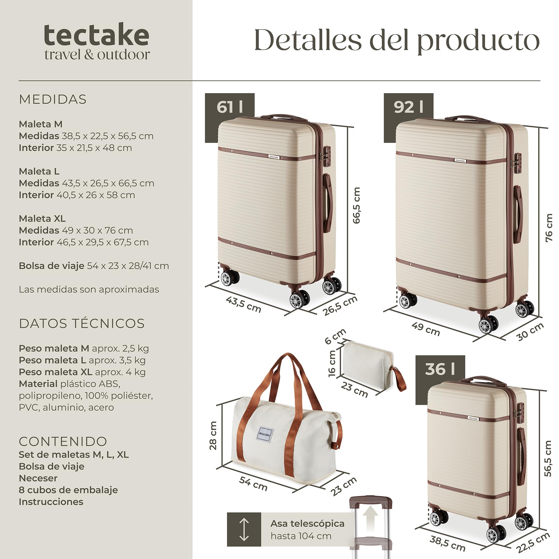 tectake® Juego de Maletas de 13 Piezas, Maleta Grande, Mediana y de Mano, Maletas de Viaje en ABS e Imitación Cuero, Cerradura TSA, Ruedas 360°, Set de Maletas Apilables, Accesorios Viaje - Crema