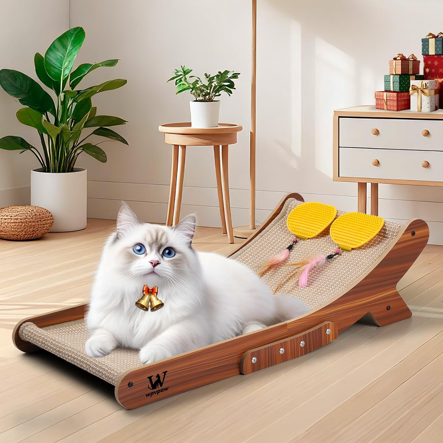 Sisal Cat Scratcher Bed, Natural Solid Wood Scratch Lounger, No Mess Scratching Chair Couch for Indoor Cats, 26 Inch Cat Scartching Pad, 3 in 1 Scratching Board, Furniture Protector