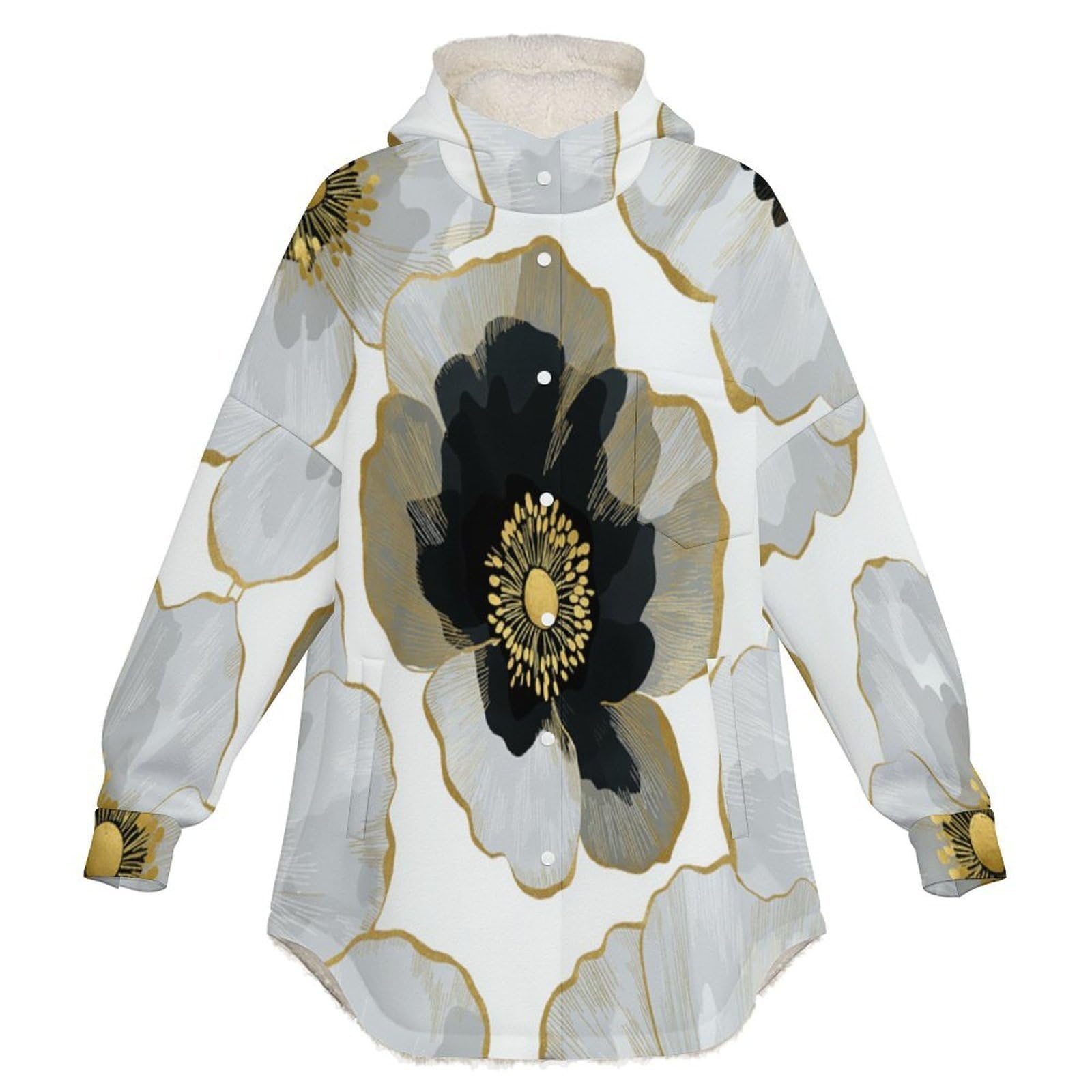 Sudadera Invierno con Capucha de Forro Polar Mujer Amapola Blanca Y Negra Cálido Hoodies a Manga Larga Felpa Sudadera con Bolsillos, Gris