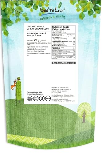Miniatura 2 de Harina de pan de trigo entero orgánico, 2 libras  grano entero, piedra molida, sin blanquear, sin transgénicos, Kosher, sin bromated, crudo, vegano,
