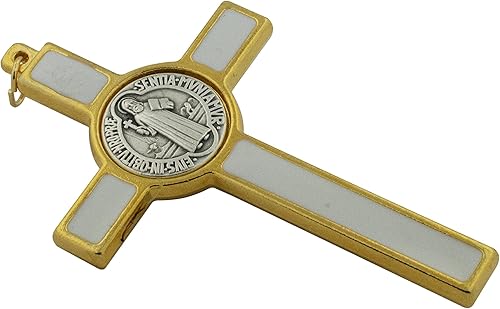 Miniatura 3 de Colgante de crucifijo de San Benito en tono dorado y blanco, incluye cordón para llevar, 3.25 pulgadas de alto, patrón de los estudiantes y Europa,
