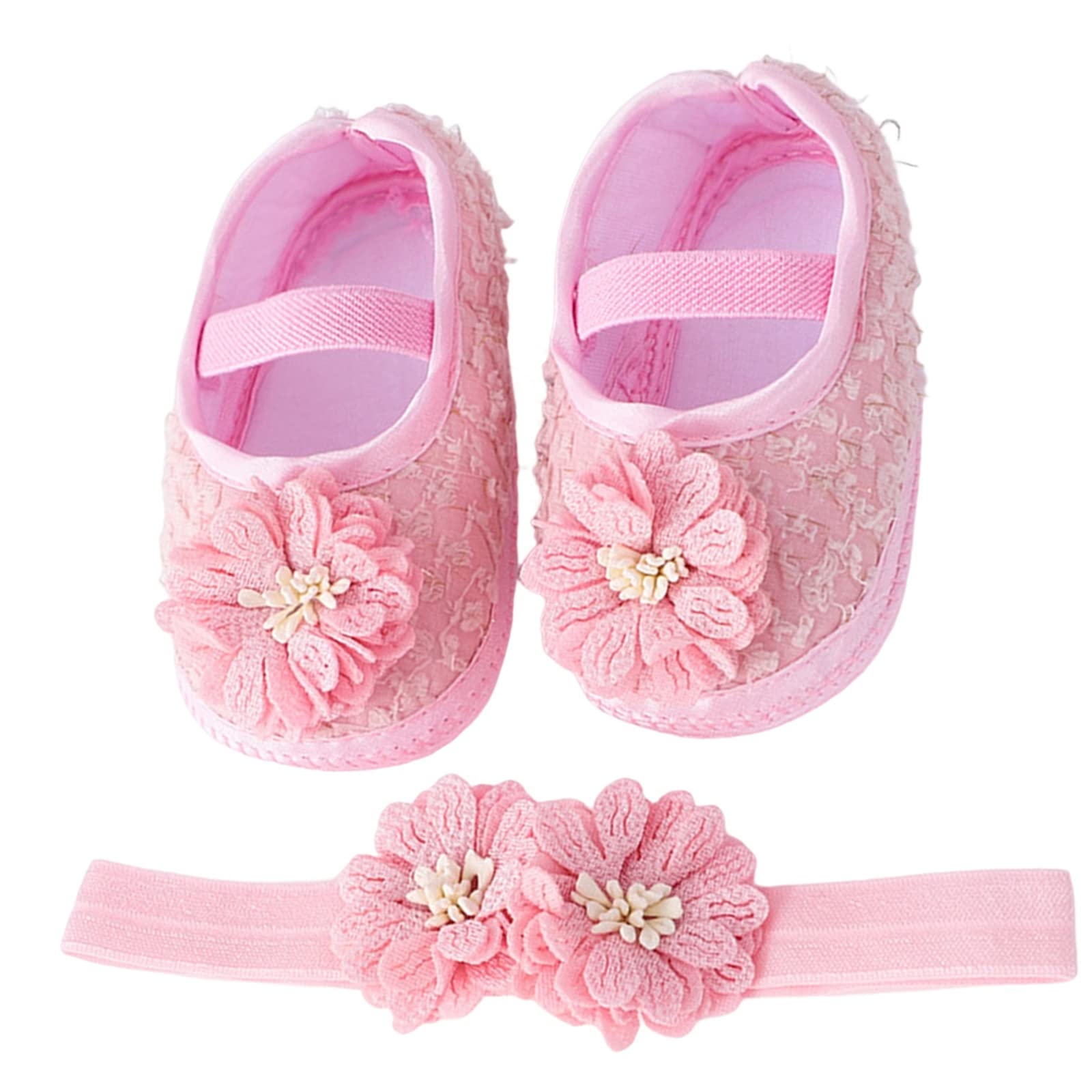 Baby Shoes with Hair Band Fashion Soft Soled Toddler Shoes Versatile Dress Flower Princess Shoes Toddler Winter Shoes (Pink, 4 Infant)
