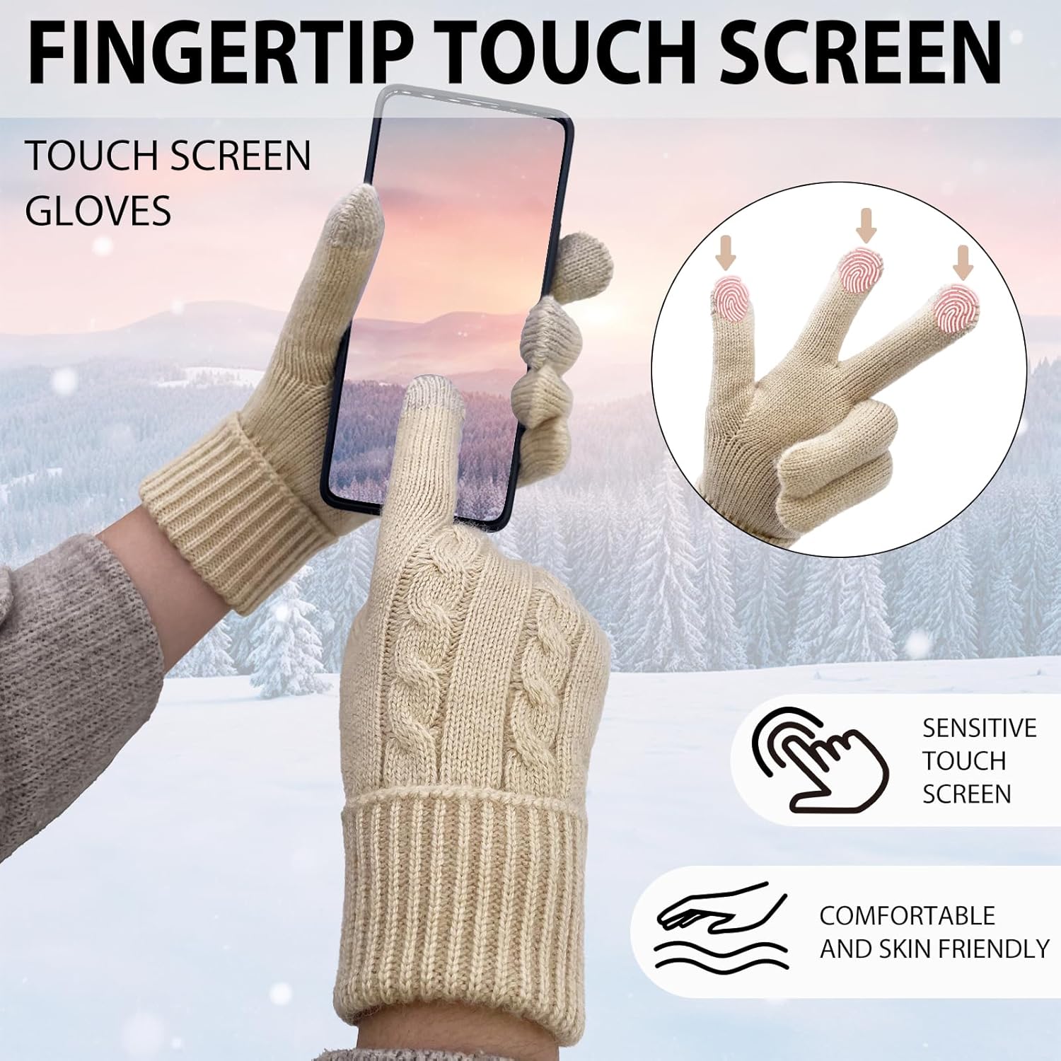 Winter Wool Gloves for Women Warm Touchscreen Fleece Elastic Soft Knit Gloves for Cold Weather Folding Cuffs - Image 3