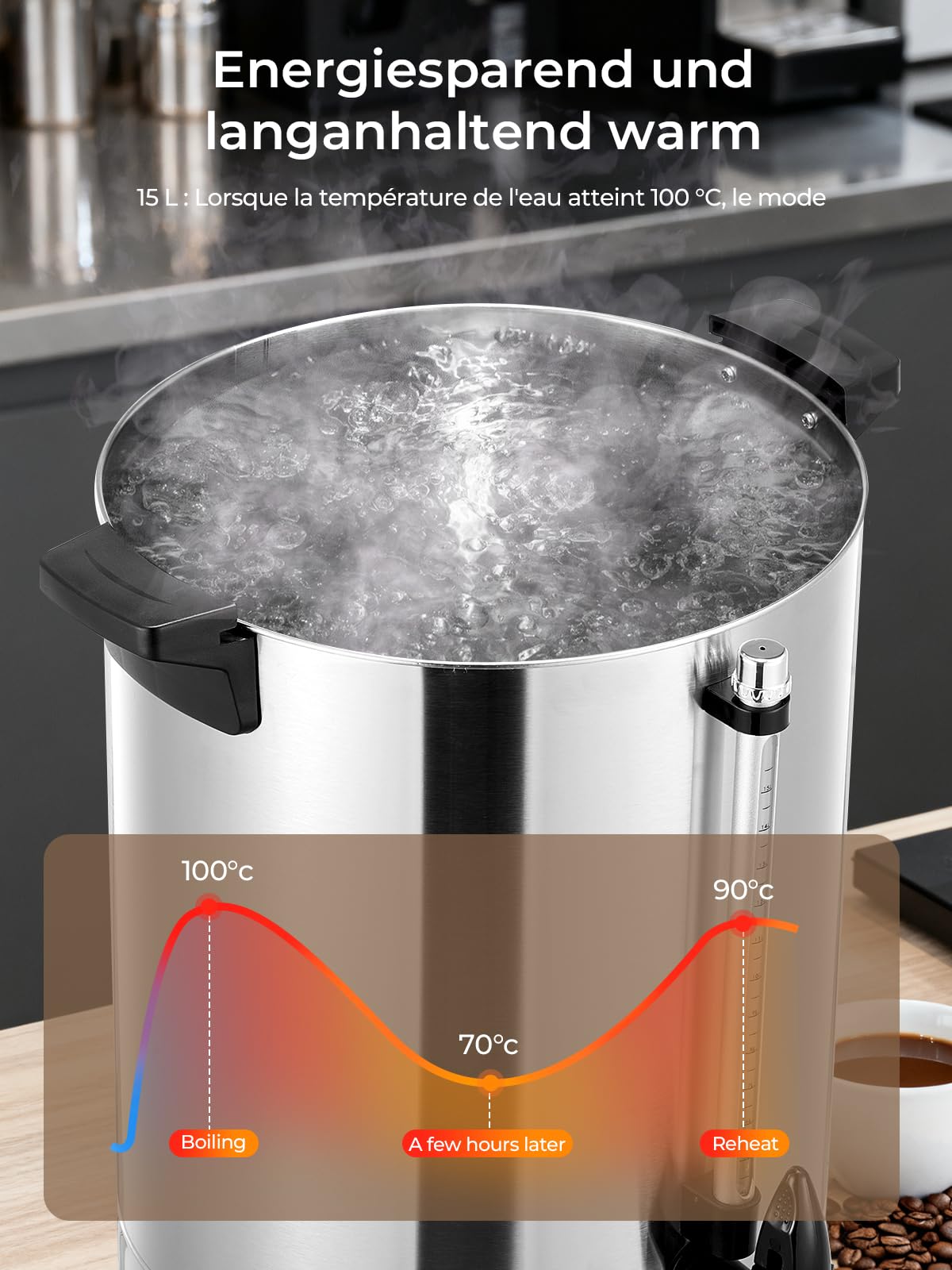 FOHERE Percolateur à Café 15L 150 Tasses/H Distributeur de Boissons Chaudes, Récipient Chauffant 1500 W en Acier Inoxydable, Fonction de Brassage Et de Maintien au Chaud mit Robinet de Sécurité
