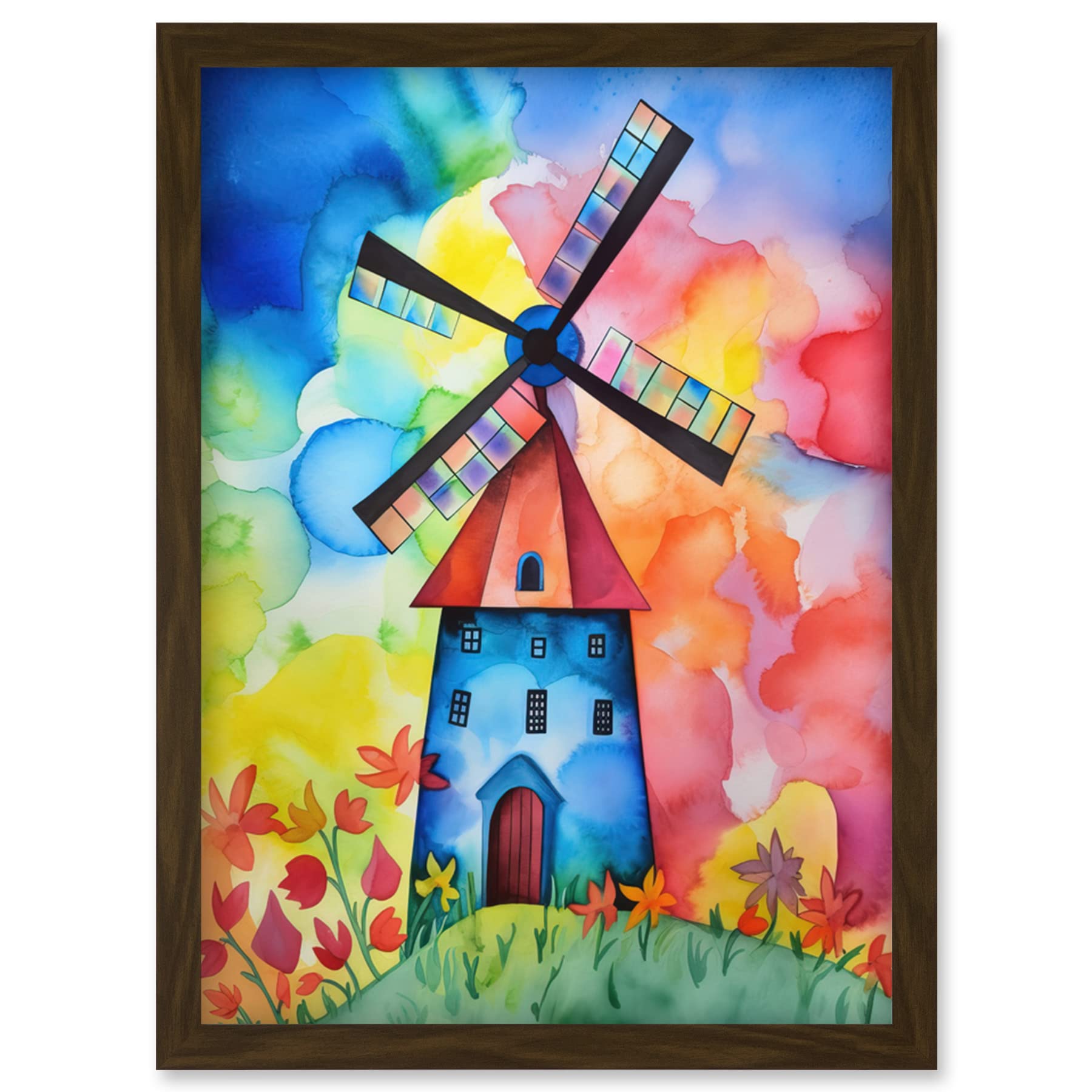 Artery8 Watercolour Windmill Netherlands Folk Art Artwork Framed Wall Art Print A4
