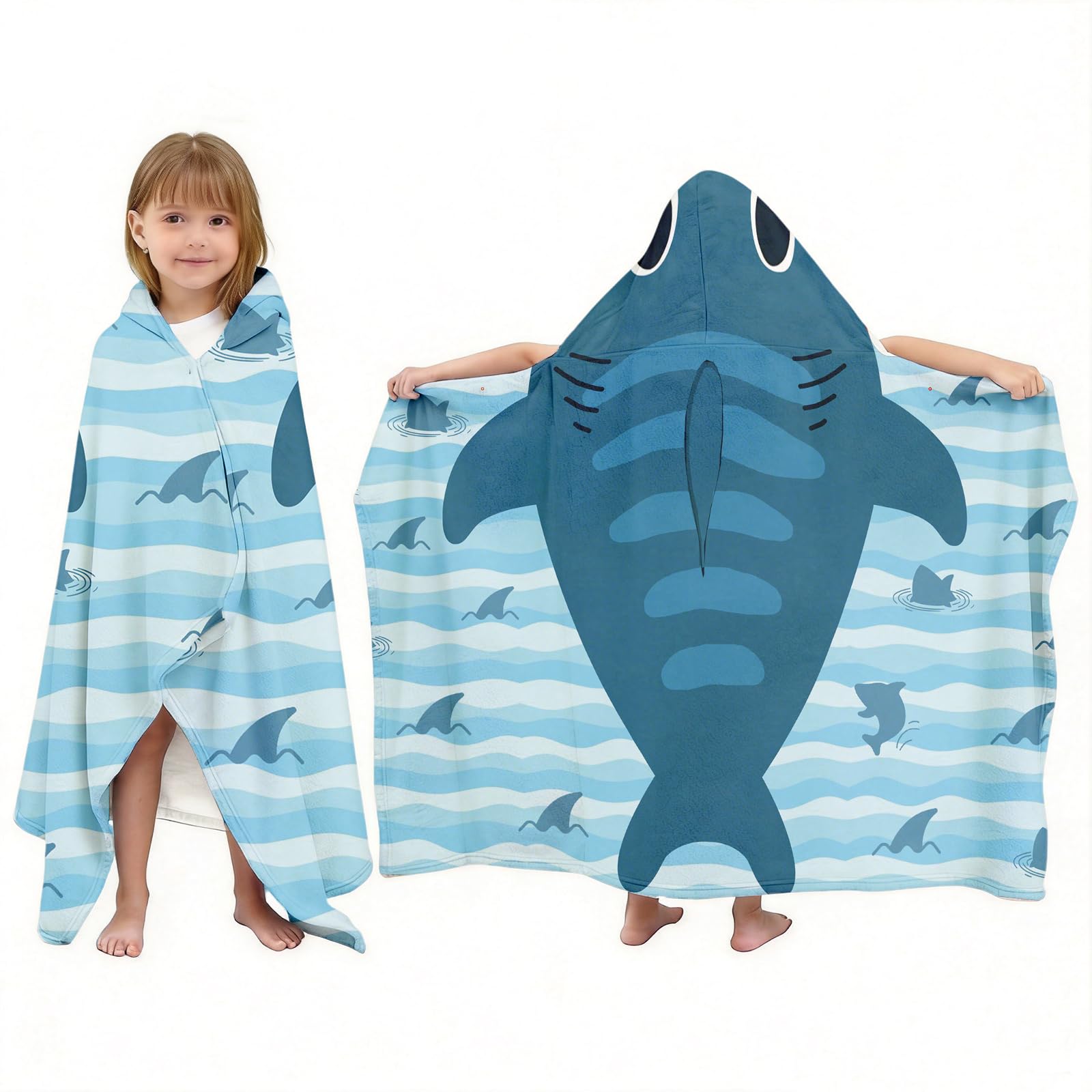 NEIUJADK Kids Blue Shark Hooded Bath Towel for Boys Girls 3-10, 30"x50" Soft Absorbent Cotton Wearable Poncho Beach Towel with Hood & Snap Buttons for Pool Swimming