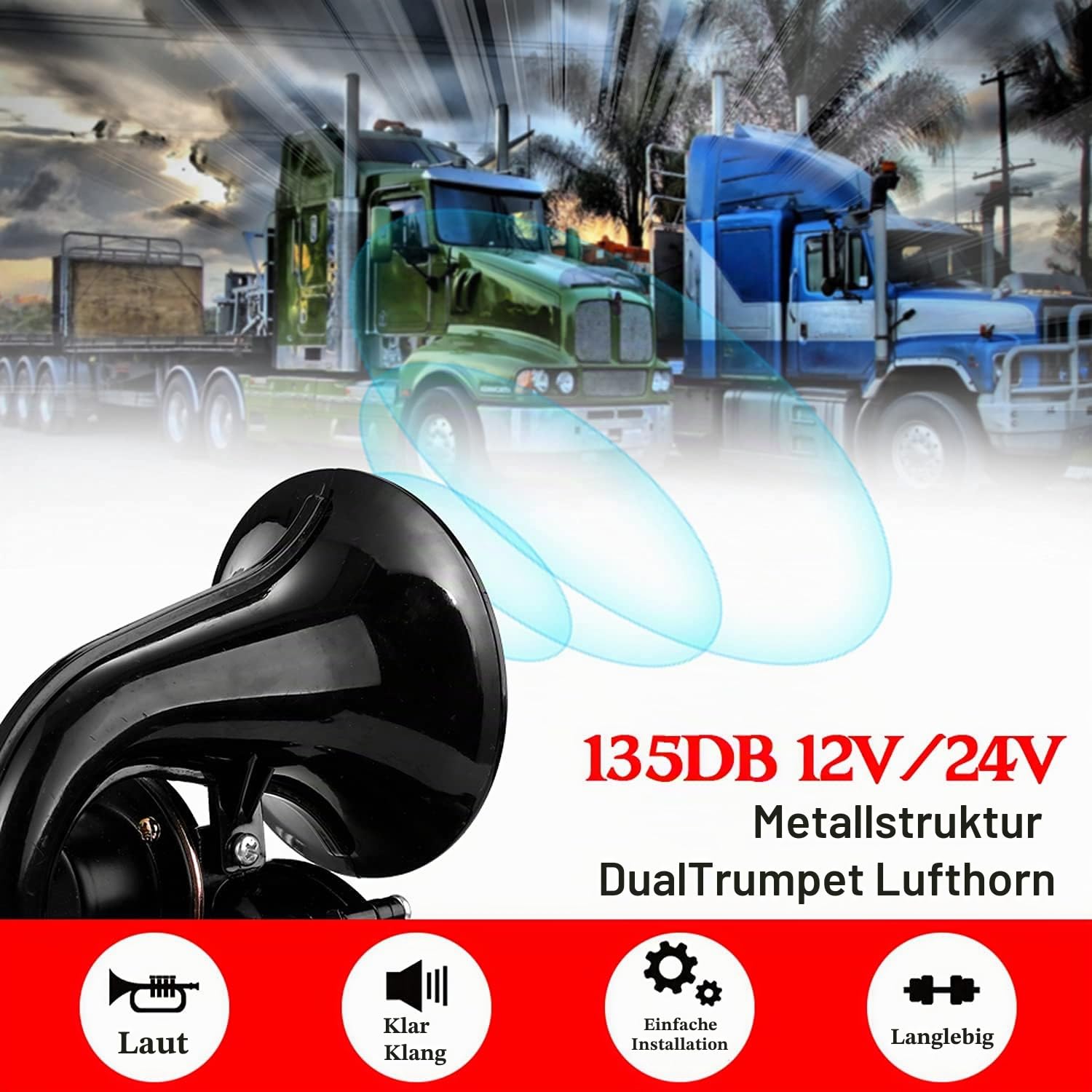 LKW 135db Laute Drucklufthupe 12/24V Superlaute Trompeten Air Horn mit elektrischem Ventil, flach für Auto-LKW