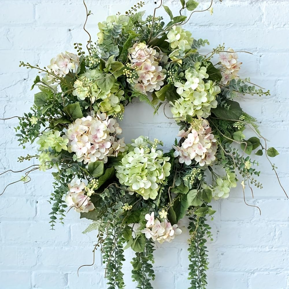 Green Hydrangea Wreath with Eucalyptus - Farmhouse Front Door Wreath, Artificial Hydrangea and Cascading Eucalyptus Swag, Year-Round Rustic Wall Porch Decor