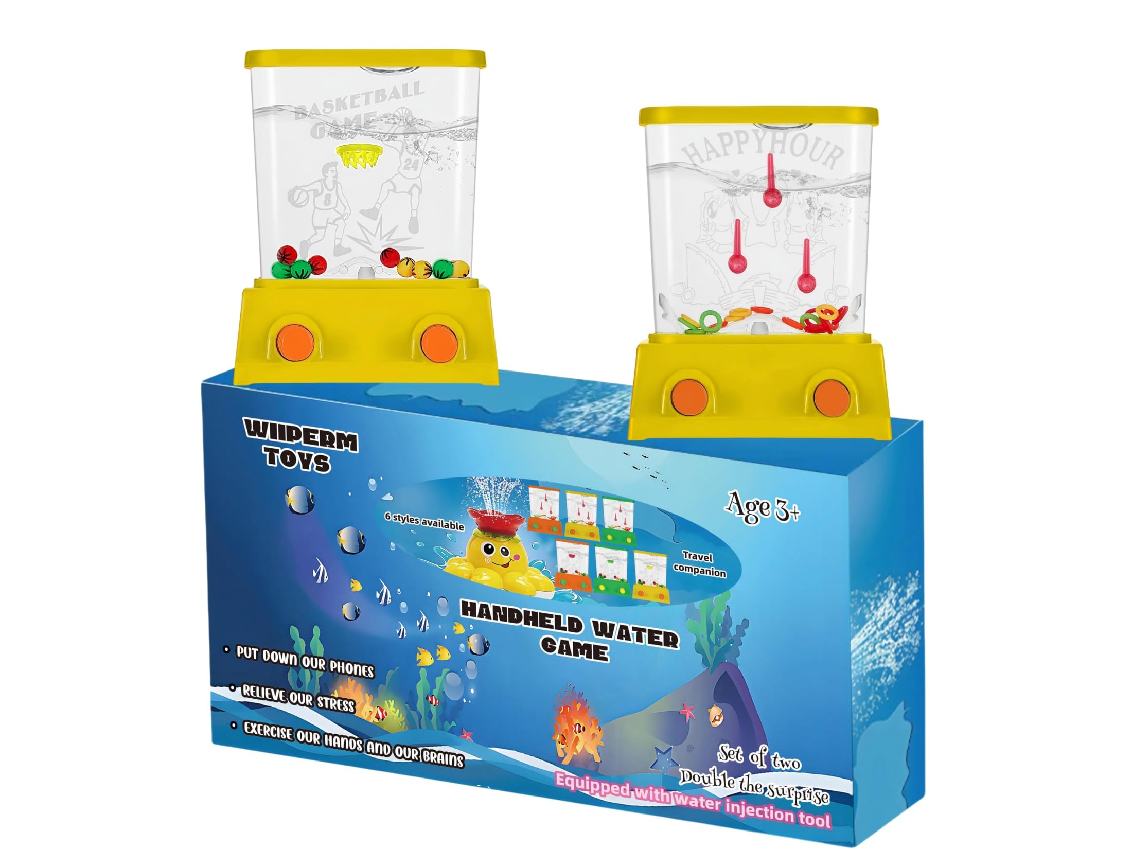 Wiiperm 2-Piece Water Handheld Toy: Fish Ring Toss & Basketball - Retro Orange Mini Travel Game for Kids
