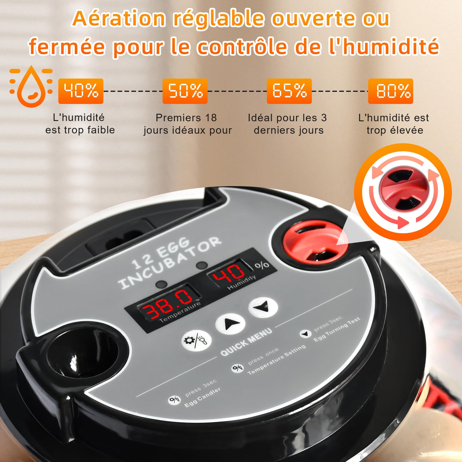 Couveuse Oeuf Automatique, Incubateur Automatique 12 Oeufs, avec Système de Retournement Automatique et Contrôle de la Température,Affichage de l'humidité, pour Éclosion d'Œufs de Poule Canard Caille