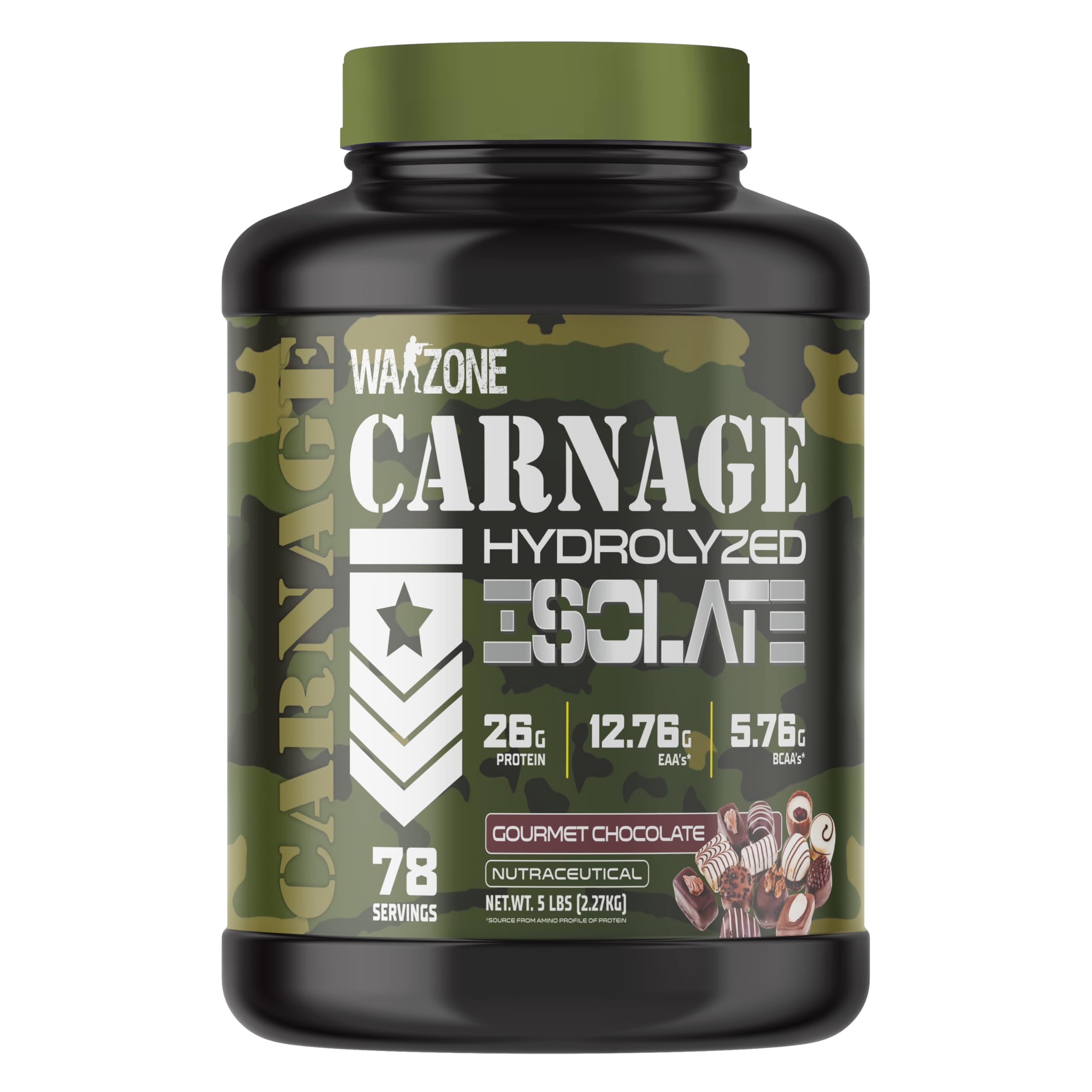 Carnage Hydrolyzed Protein Powder | 100% Whey Isolate | 26g Protein, 12.76g EAAs, 5.76g BCAAs | Fast Absorbing & Easy Digesting | 78 Servings, 5Lbs | Gourmet Chocolate Flavor