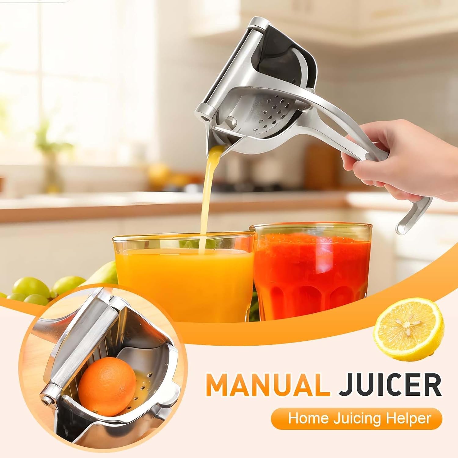 Aluminum Alloy Fresh Fruit Juice Extractor, 2026 New Hand Juicer Squeezer Manual Juicer Hand Press Lemon Juicer Manual Press with Ergonomic Grip for Orange Pomegranates Apple Lime Lemon (2 PCS)
